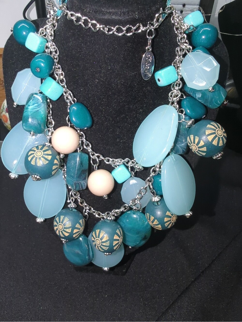 Bobcar Bold Chunky Blue and Turquoise Statement Necklace with Mixed Beads